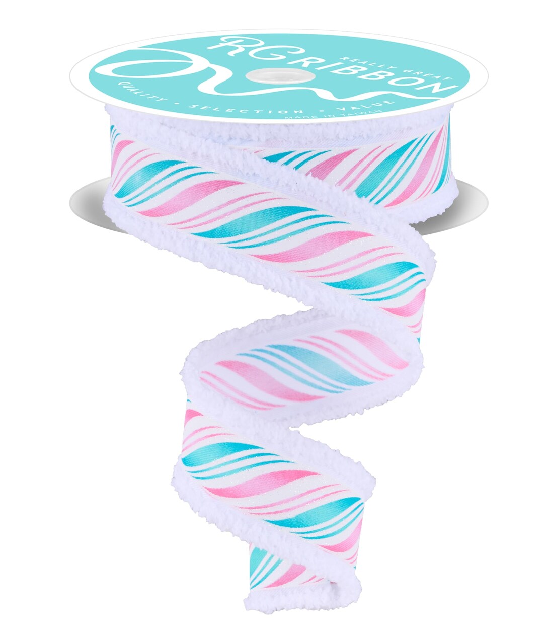 RG Ribbon: 1.5" Peppermint Twist Wired Ribbon with Fuzzy Drift Edges - 10 Yards - White, Pink, Light Blue - For Bows, Wreaths, Crafts and Christmas Decorations